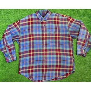 Vintage High Sierra Flannel Shirt XL Red Purple Blue Plaid Pocket Hiking 90s